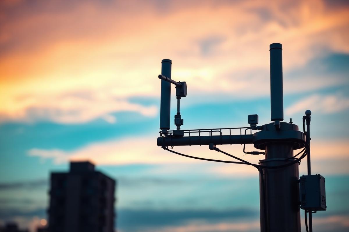5G antenna panels on a rooftop mast at dusk