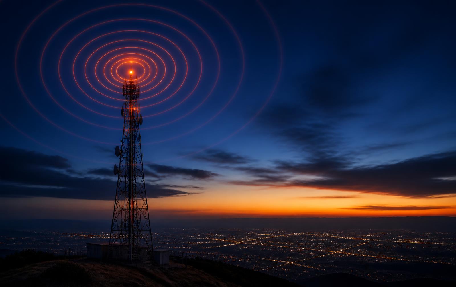 Telecommunications mast on a ridge at dusk with radio waves radiating from the antenna