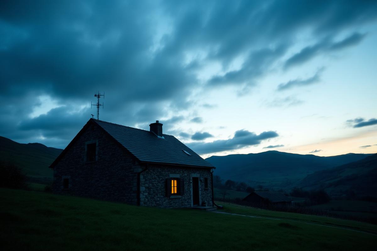 Rural stone farmhouse at dusk with a roof-mounted antenna